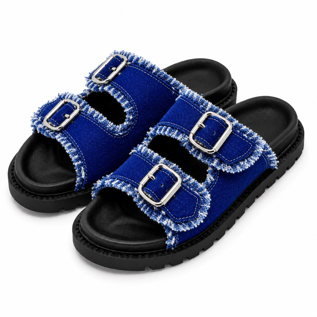 Frayed Dark Blue Denim Double Buckle Slide Sandals